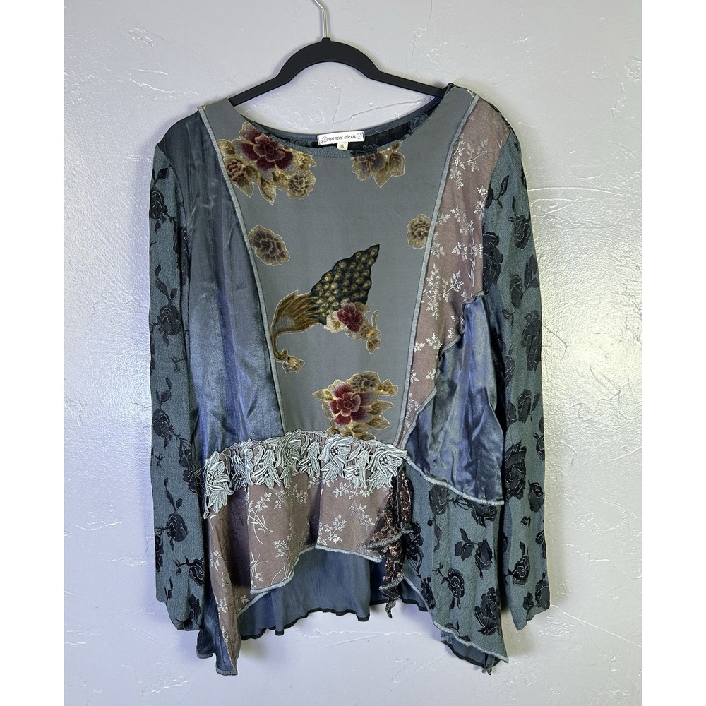 vintage Spencer Alexis long-sleeve blouse patchwork design Velvet Lace Sheer 16